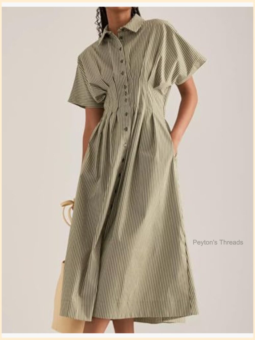 Striped Button Front Pleated Maxi Dress Short Sleeve V Neck Corset - Picture 2 of 6